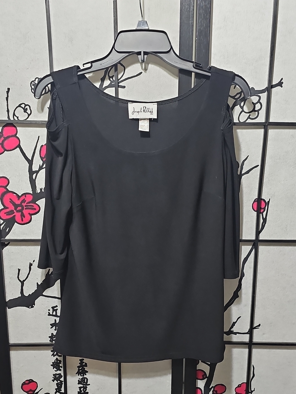 Joseph Ribkoff Black Cold-Shoulder Blouse with Soft Drape Size 4